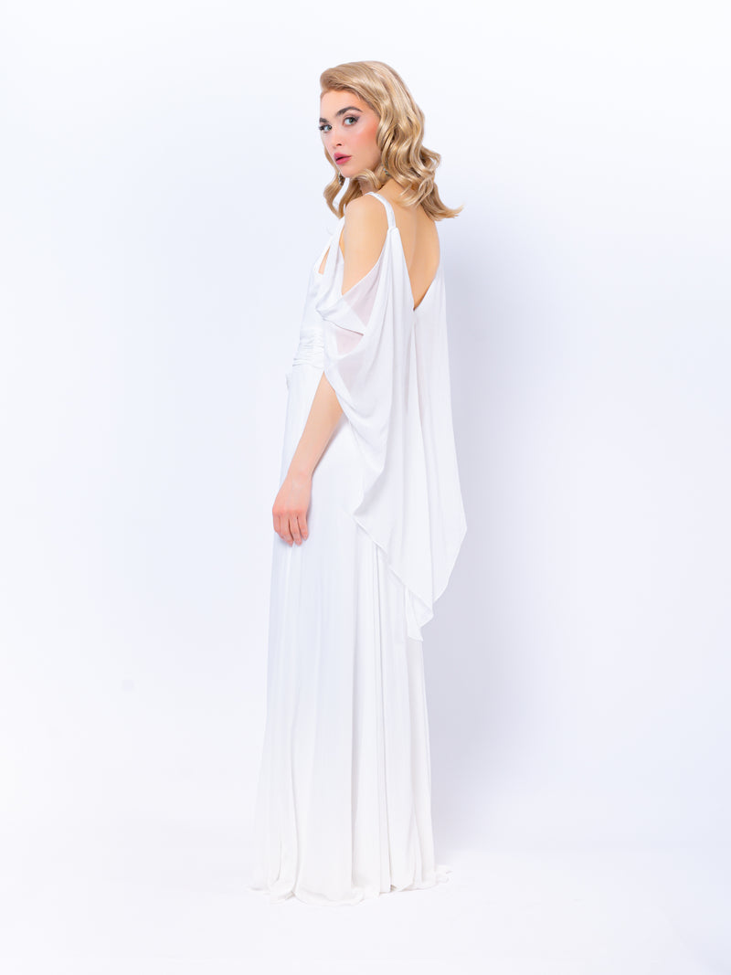 White Lotus wedding gown, A-line, sleeveless, deep cut, ivory 