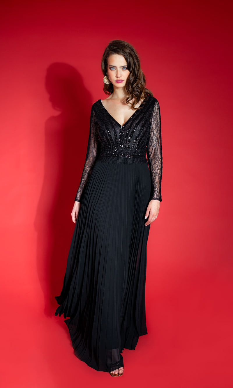 RAVISHING long pleated black evening dress with long lace sleeves