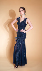 CONFIDENT evening dress, mermaid silhouette and blue sequined lace 
