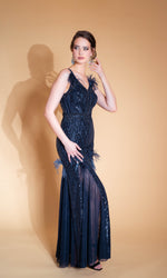 CONFIDENT evening dress, mermaid silhouette and blue sequined lace 