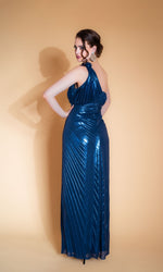 Rochie de cocktail DEVOTION albastra, plisata, lunga, cu slit frontal
