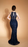 ADULATION maxi mermaid evening dress, blue, made of lace, with train