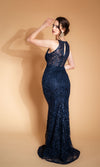 ADULATION maxi mermaid evening dress, blue, made of lace, with train