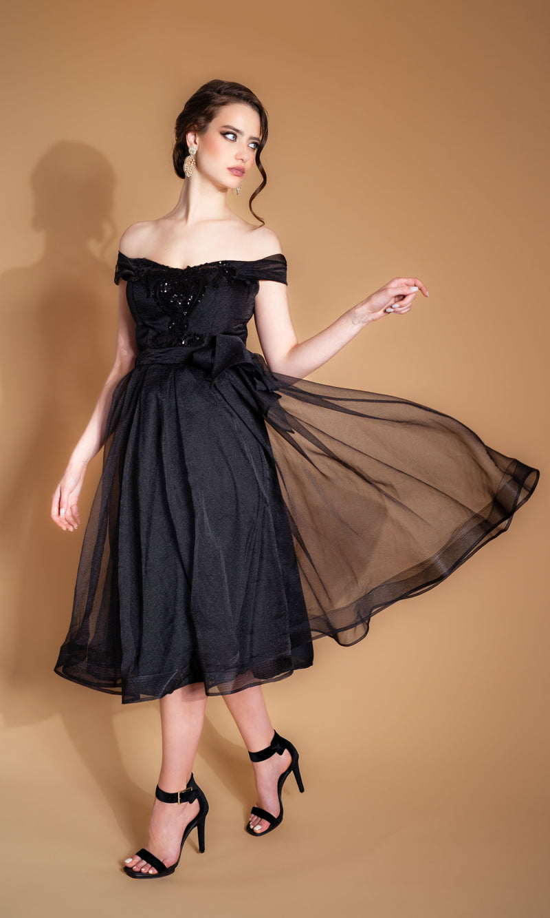 BLACK MAGIC off-the-shoulder black midi evening dress