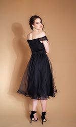 BLACK MAGIC off-the-shoulder black midi evening dress