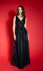 IMPULSE black evening dress, A-line, with train and sequins