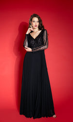 RAVISHING long pleated black evening dress with long lace sleeves