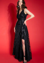 IMPULSE black evening dress, A-line, with train and sequins
